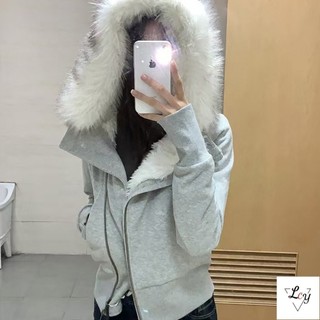 Áo khoác ngắn có mũ trùm đầu dày dặn mới cho nữ mùa Thu/Đông 2026, cỡ lớn, áo khoác bông ấm áp với cổ áo lông sang trọng.