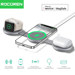 Giá đỡ sạc hợp kim nhôm không dây từ tính 3 trong 1 15W Rocoren Mag Urtal cho iP16,15, 14, 13, 12 Pro / Max / Plus Air Pods Watch