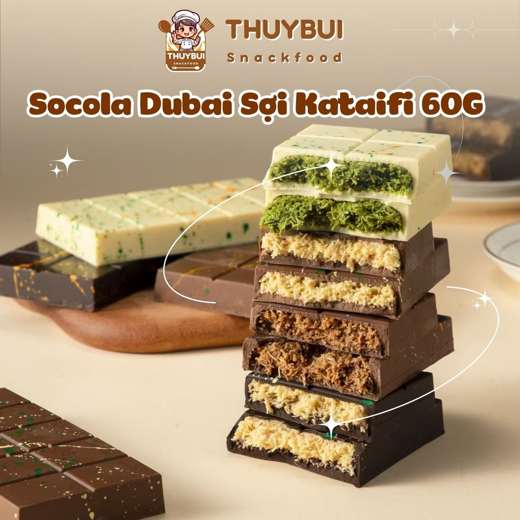 Socola Dubai Nhân Sợi Kataifi Hộp 60gr, Socola Dubai TB Vị Hạt Phỉ/Hạt Dẻ Matcha, Socola Sợi Kataifi Giòn Giòn
