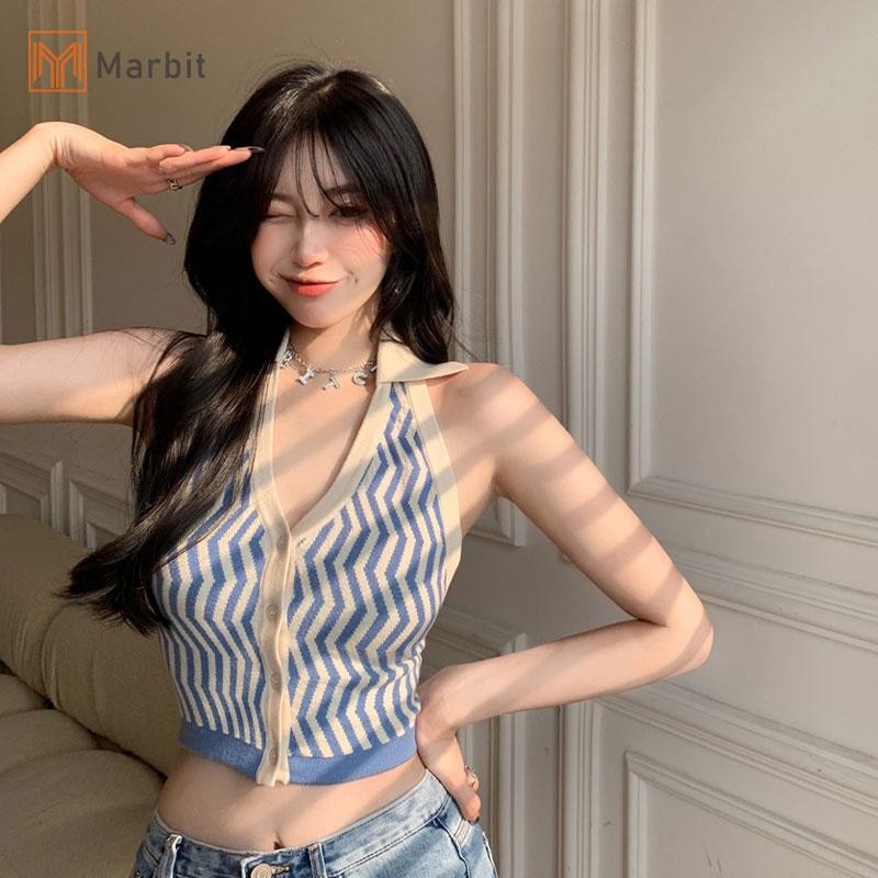 Marbit Dệt Kim Crop Top Nữ Cổ Áo Gợi Cảm Mùa Hè Sọc Midriff-baring Áo Lưng Không Tay Sang Trọng Y2k Top Mới