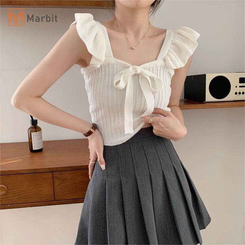 Marbit Mùa Hè Nữ Ngọt Nơ Xù Màu Trơn Không Tay Ôm Dệt Kim Camisole Mới