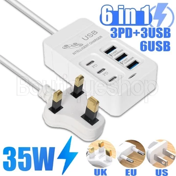 [Đặc sắc] Ổ cắm sạc USB đa cổng 35W - Ổ cắm sạc nhanh loại C - Ổ cắm phích cắm Anh / EU / US - Ổ cắm mở rộng sạc tường - Hub USB 6 cổng - Dải nguồn máy tính bảng điện thoại