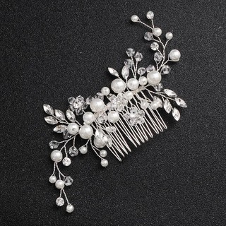 Lược Cô Dâu với Ngọc Trai và Kim Cương Giả Màu Bạc, Trang Sức Tóc Cưới Đẹp Lấp Lánh