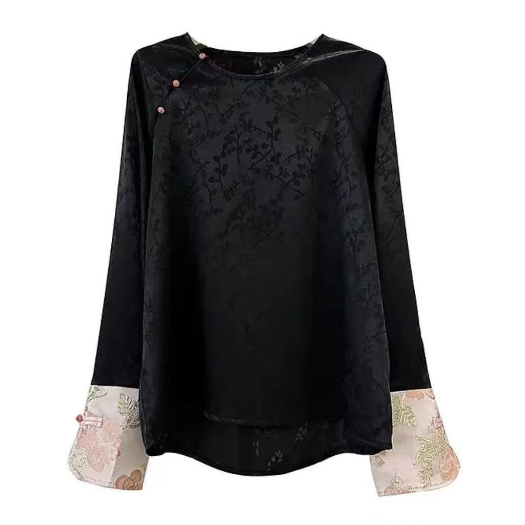 Phong Cách Trung Hoa Mới Phong Cách Trung Hoa Quần Áo Nữ 2024 Đầu Xuân Cổ Tròn Phù Hợp Với Retro Jacquard Dài Tay Áo Sơ Mi Đính Hạt Tính Khí Áo Sơ Mi