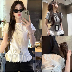 Áo Thun Kiểu Bigsize Nữ Che Khuyết Điểm Cách Điệu Phối Ren Mềm Mại Co Giãn Thoải Mái A281