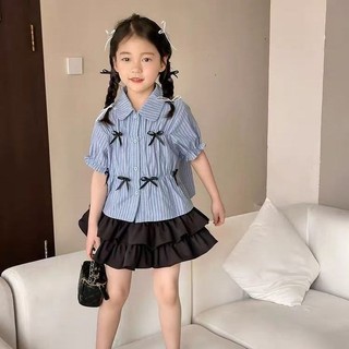 Set Áo Sơ Mi Váy Bánh Bé Gái - Bộ Đồ Thời Trang Hàn Quốc Nơ Áo Và Chân Váy Xếp Ly Dễ Thương