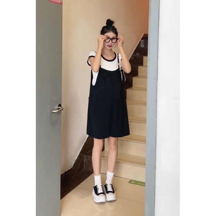 Bộ đồ bà bầu Mùa hè Phong cách mới Thời trang Màu sắc tương phản Áo thun ngắn tay + Quần yếm Bộ đồ hai mảnh