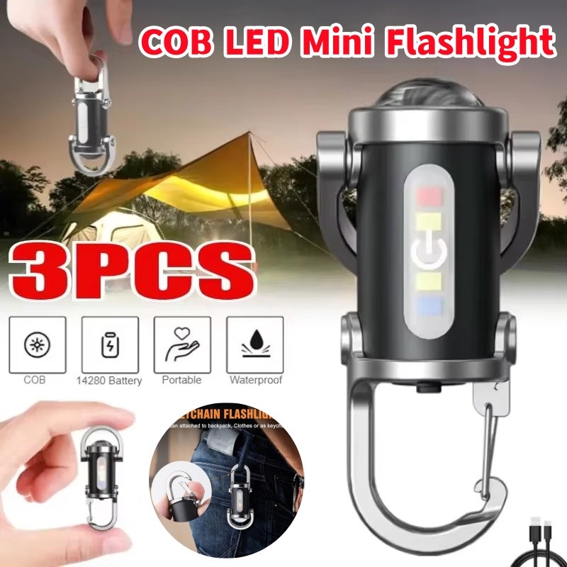 3 COB LED Ngoài Trời Mini Đèn Pin USB Sạc Di Động Đèn Pin Móc Khóa Cắm Trại Bỏ Túi Đèn Cắm Trại Câu Cá Đi Bộ