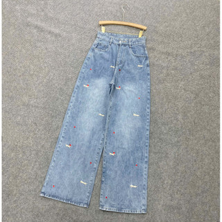 Quần Jean Bigsize Nữ Ống Rộng Cạp Cao Họa Tiết Xinh Cá Tính Chất Denim Phong Cách Q553