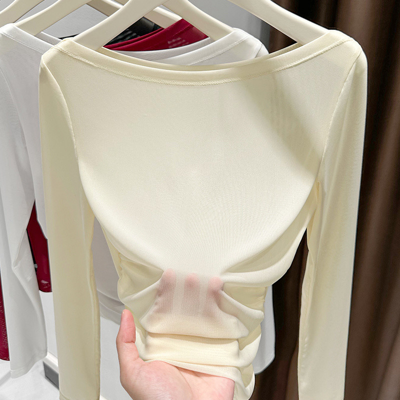 Milyfashion Co Giãn Cao Slim-fit Slimmer Look Encore Red Pure Desire Slanted Vai Cổ Phẳng Áo Thun Nữ Mờ Gạc Dây Dài Tay Top