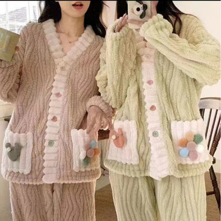 Bộ đồ ngủ cardigan cầu vồng nữ flannel áo ngủ giữ ấm mùa thu đông bộ hai chiếc đồ mặc nhà thường ngày cỡ lớn