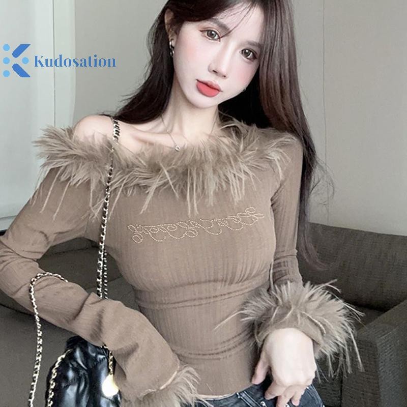 Kudosation Nữ Crop Top Gợi Cảm Tinh Khiết Khát Vọng Lông Thú Cổ Áo Thun Dài Tay Mỏng Đẹp