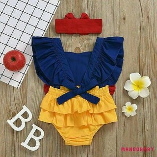 Mg-baby Bộ áo liền quần dễ thương Chiều dài vai Không tay Ruffle Trim Slim Fit Nơ Trang trí Băng đô Jumpsuits Phù hợp với