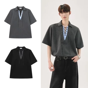 TIANLESIWEI Phong cách Hàn Quốc niche khâu buộc dây cổ chữ V giả hai mảnh áo sơ mi POLO thông thường