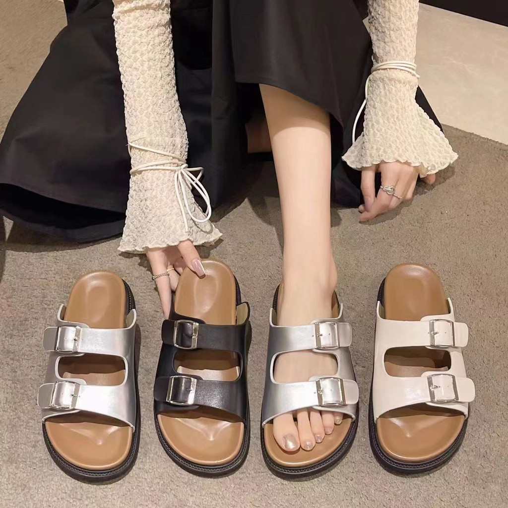 Dép lê đế dày Mùa hè Nữ Mặc ngoài Mẫu mới Casual cổ điển Dép lê khóa thắt lưng