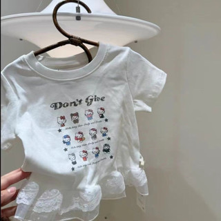 Áo thun ngắn tay cotton mới cho bé gái mùa hè, họa tiết chắp vá, viền ren, áo in hình dễ thương cho trẻ em