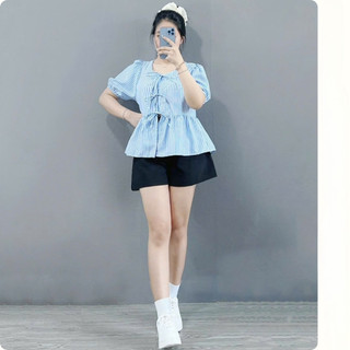 Áo Babydoll Bigsize Nữ Áo Kiểu Tay Ngắn Phồng Vạt Xòe Dễ Thương Họa Tiết Kẻ Sọc Cho Chubby A190
