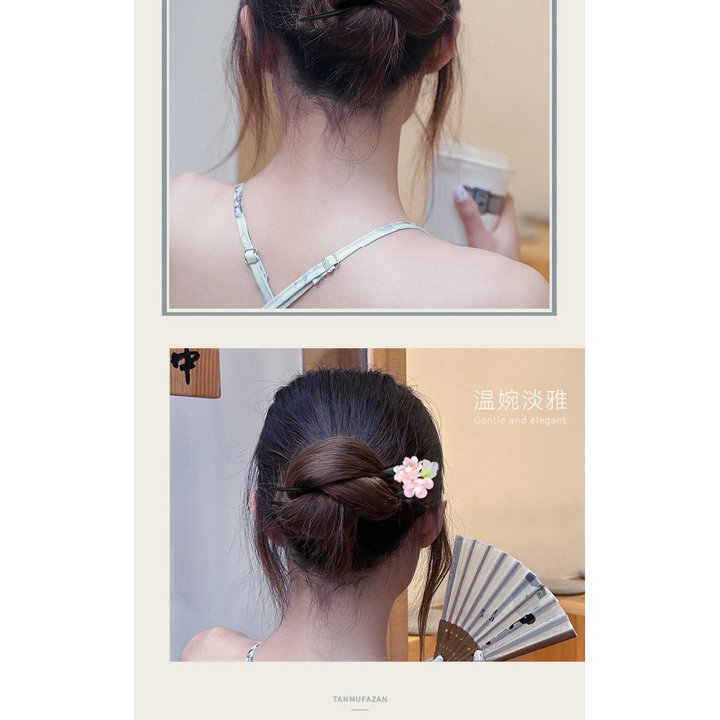 Cổ điển gỗ đen U hình dạng trâm cài tóc Mặt trăng hoa đầy cành thủ công đôi trâm cài tóc Hoa hồng trang trí