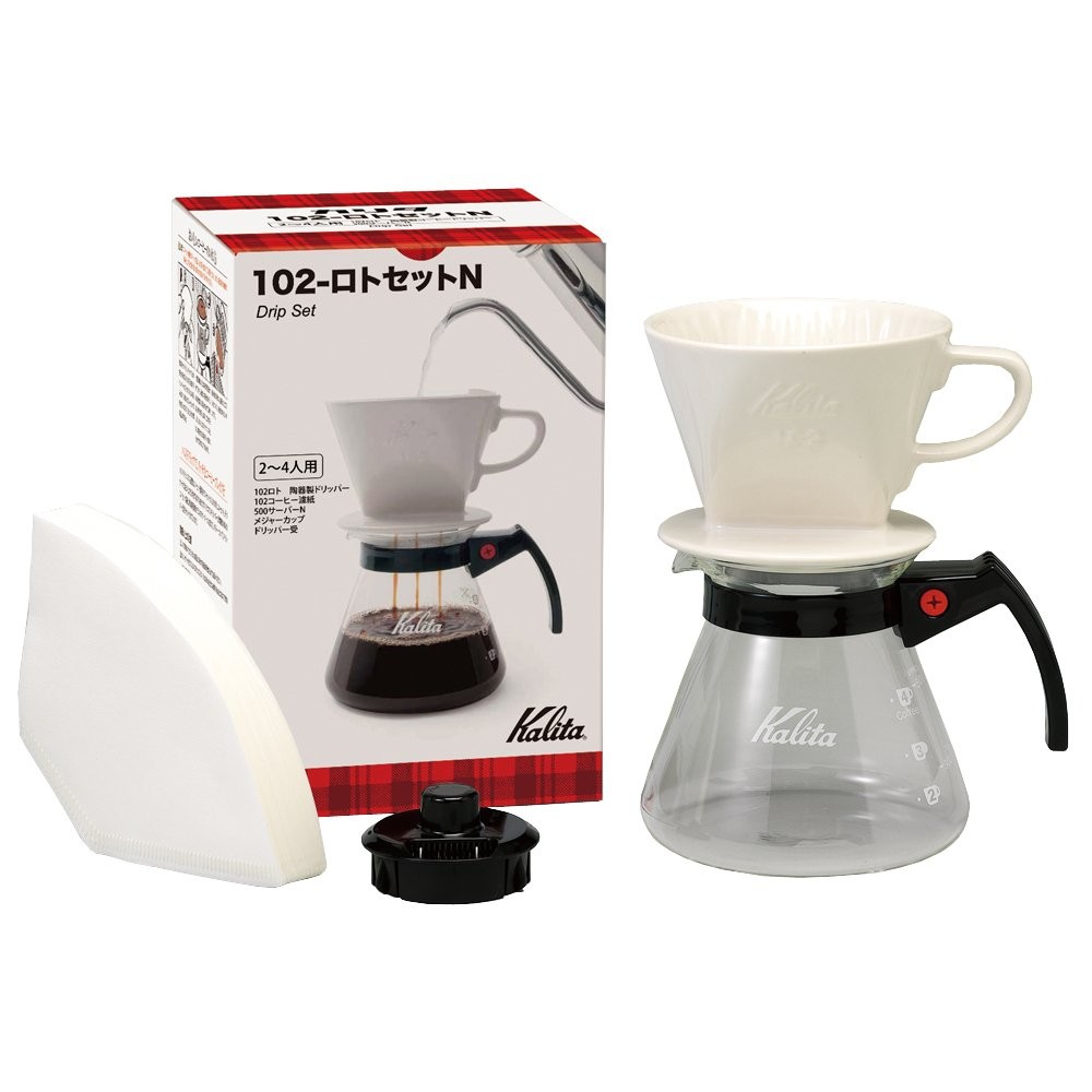 Kalita Coffee Drip Set with Three Holes for Fast Extraction, Bringing Out Only the Flavor Before Any Bitter Tastes. High Insulation Ceramic Dripper Set for 2-4 People, Model 102-Roto Set N. Stylish Drip Equipment for Camping, Outdoor Activities, Cafes, an