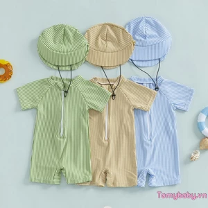 Bộ đồ bơi sọc cho bé trai tay ngắn nửa dây kéo Đồ bơi không đóng cọc + Bộ Sunhat