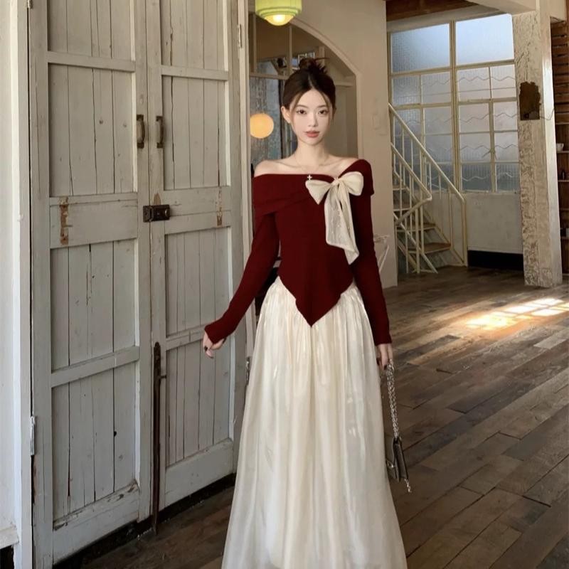 Áo trễ vai nữ sang chảnh trễ vai chất thun len dài tay thắt nơ đính ngọc trai A087 top women