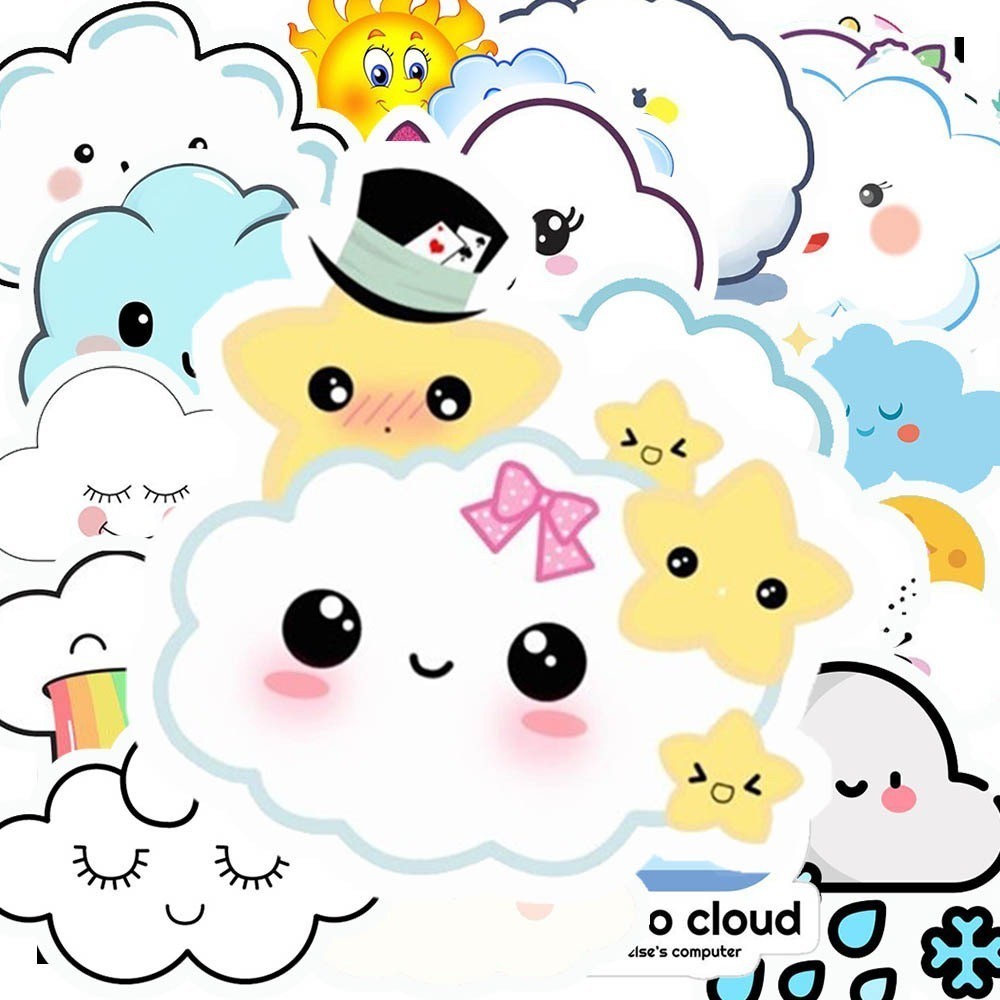 Hộp 50 Nhãn Dán Hình ĐÁM MÂY CUTE Decal Phản Quang 7 Màu Halogram Chống Nước
