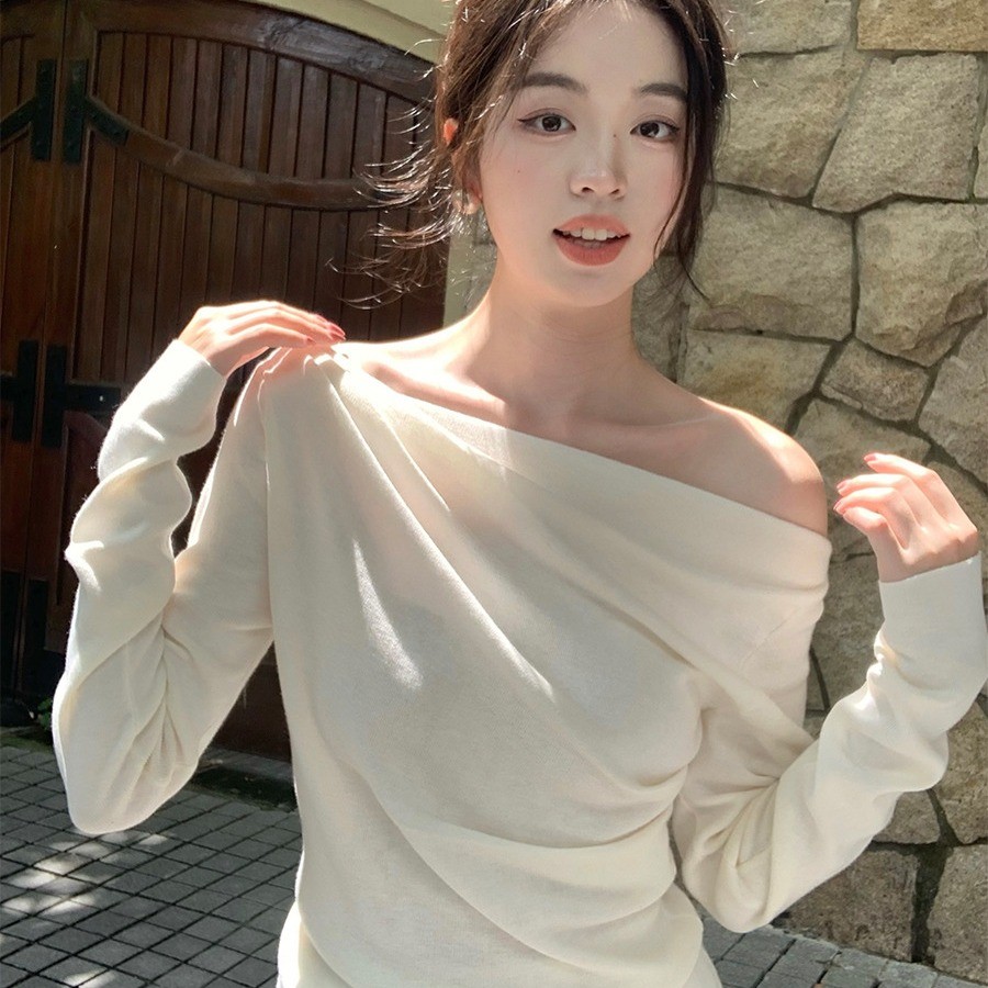 Suxi Casual Màu Trơn Đơn Giản Một Cổ Tắt Vai Slim Fit Áo Thun Dài Tay Nữ Top 241213