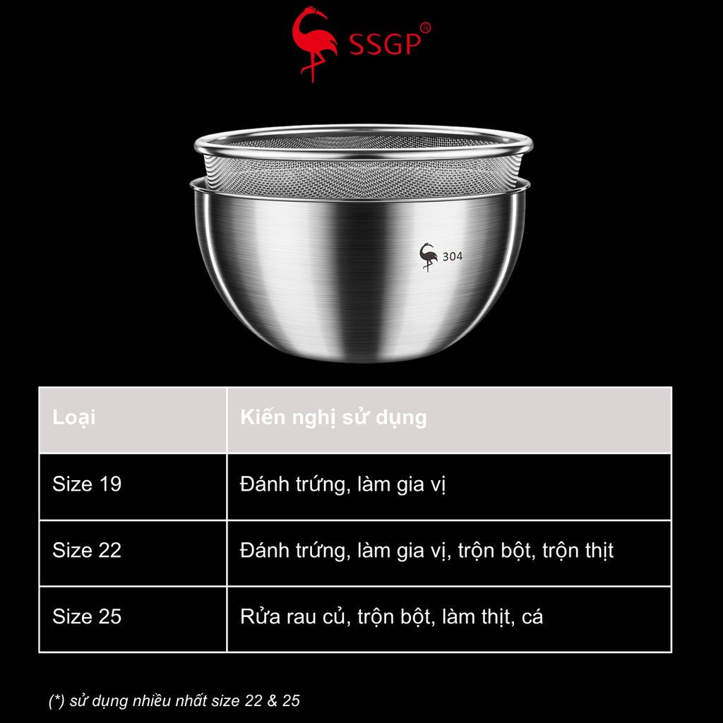 Thau trộn thực phẩm inox 304 đa năng SSGP SS20419 chậu rổ, thau, nhiều size chén bát, tô salad