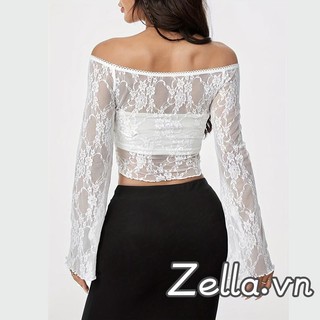 Áo thun nữ dài tay ren lưới xuyên thấu vai mùa xuân thu Slim Fit Crop Tops