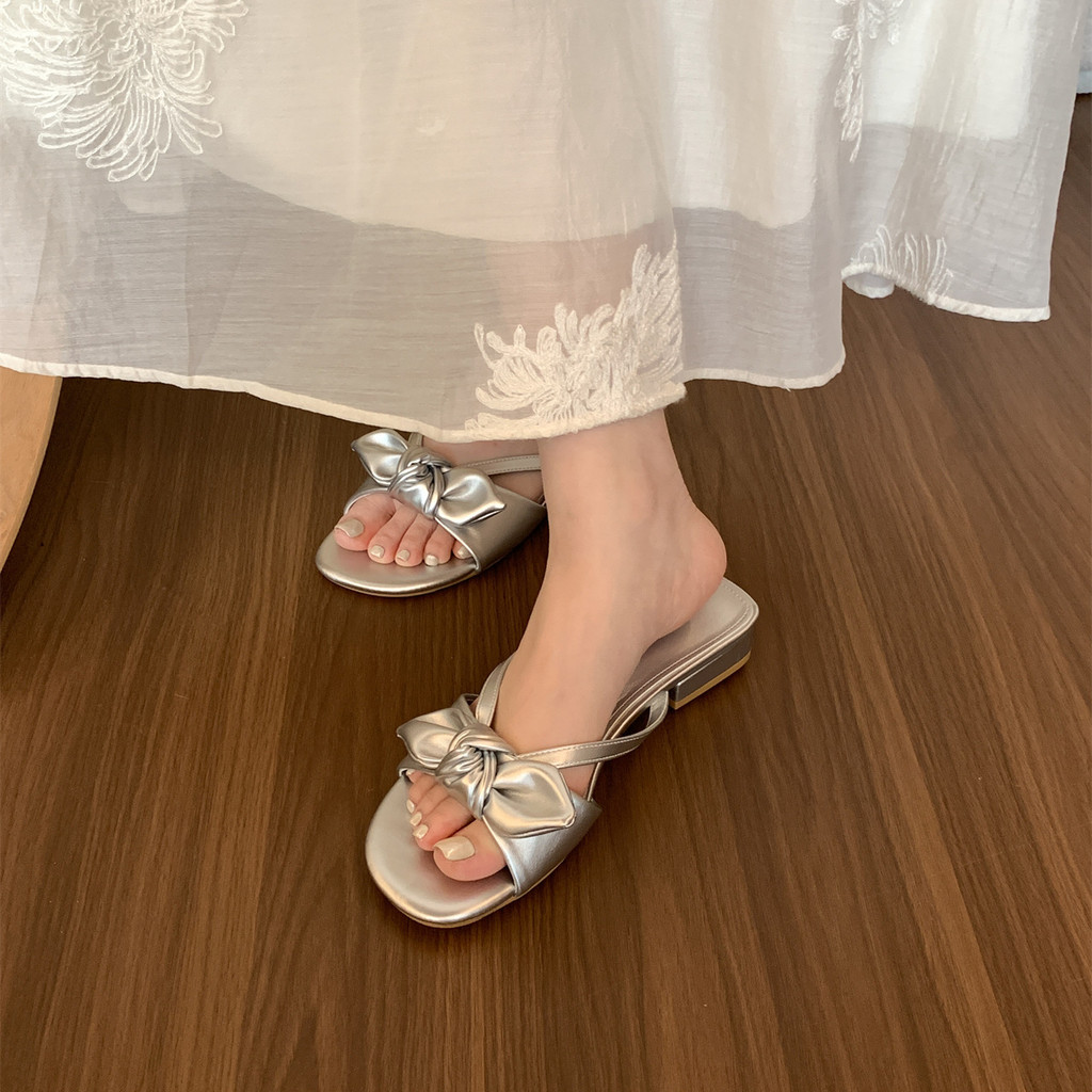 Xăng đan Nơ Mở Mũi Nữ Mặc Ngoài Flat Mules Satin Dép