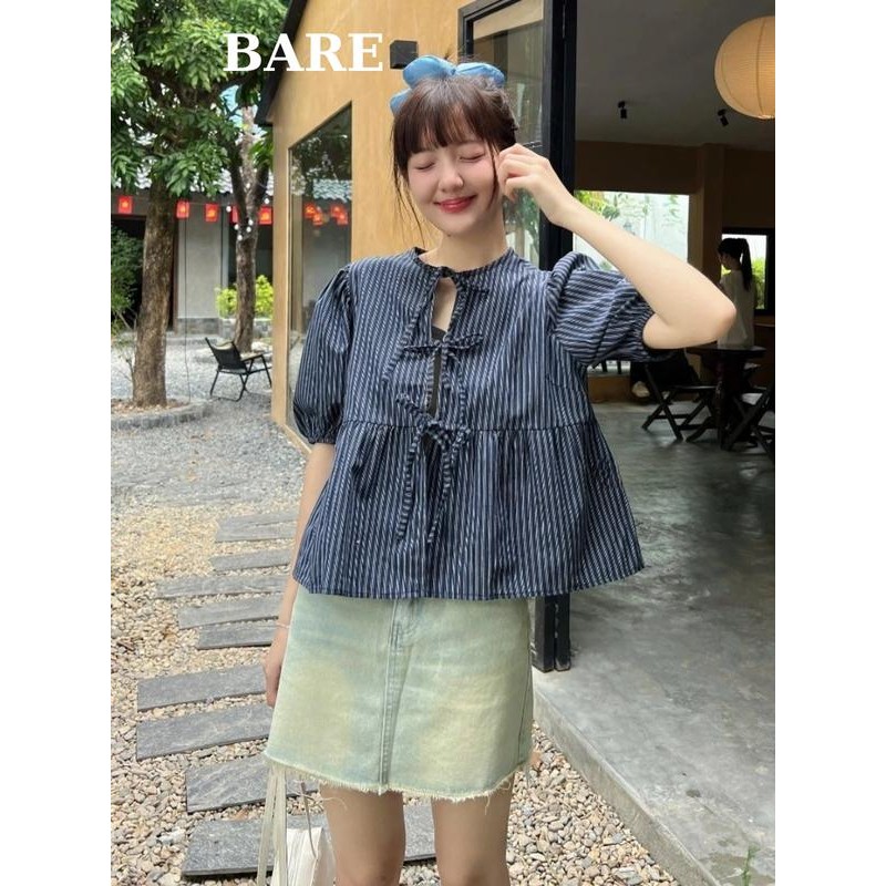 (Tặng kèm áo quây) Áo Babydoll Kẻ Buộc Nơ Tay Phồng, Áo Kiểu Nữ Tay Bồng Kèm Áo 2 Dây_A523