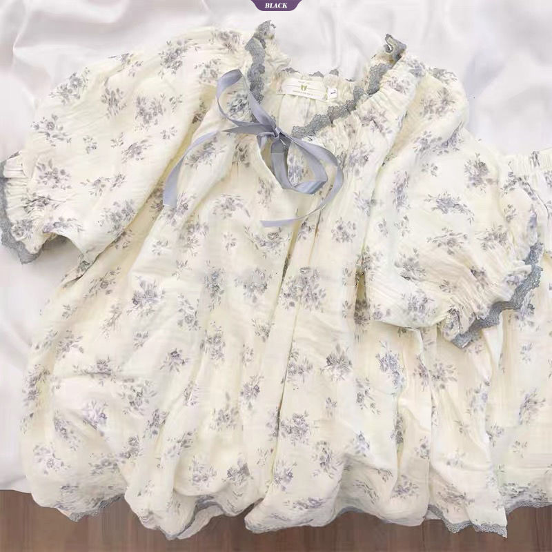 Bộ Đồ Ngủ Hoa Dễ Thương Nhật Bản Nữ Mùa Hè Tay Ngắn Ngọt Ngào Nơ Cổ Tròn Loungewear Set [BL]