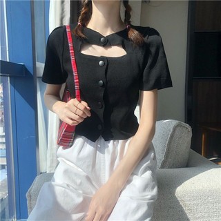 Áo dệt kim tôn dáng hở rốn mẫu ngắn rỗng Áo Thun Nữ