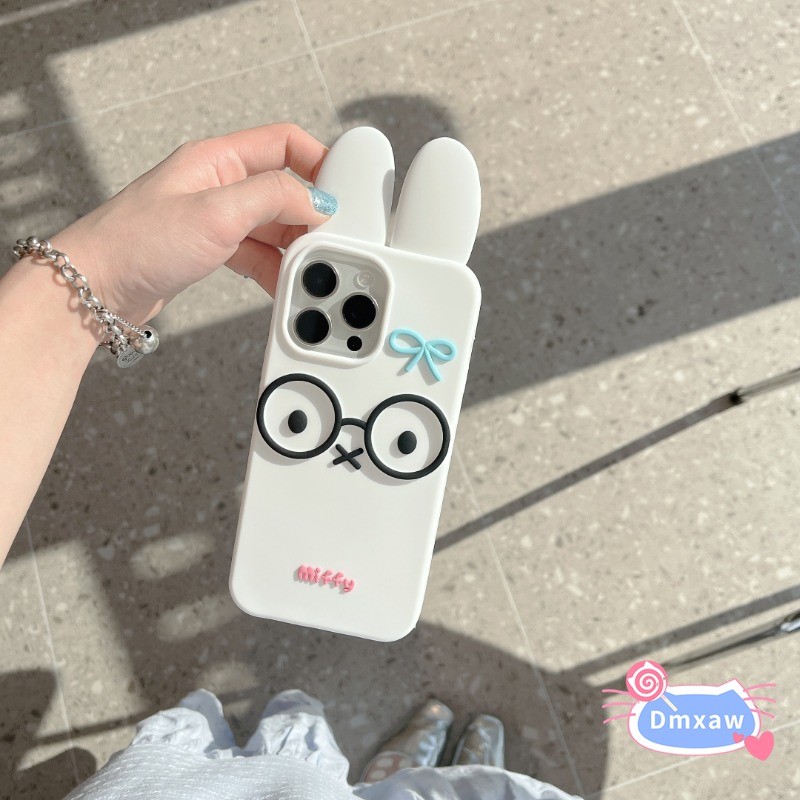 Ốp Silicon Thỏ 3D Dễ Thương Cho iPhone 16 Pro Max 15 14 Plus 13 12 Pro Max Bao Xoay Kính Tai Thỏ Hoạt Hình Vỏ Mềm Chống Sốc