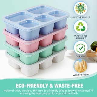 Hộp đựng đồ ăn nhẹ Bento ống hút lúa mì Caperci dành cho người lớn và trẻ em Hộp đựng thực phẩm có thể ăn trưa dành cho người lớn có thể tái sử dụng với 5 ngăn đựng đồ ăn nhẹ và bữa ăn không chứa BPA 4 Gói