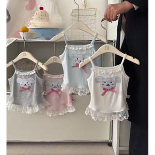 Áo camisole ren trang trí mùa hè cho bé gái, áo thun không tay thêu hoạt hình, áo có nơ dễ thương cho trẻ em