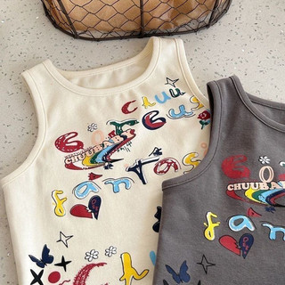 Áo vest cotton mới mùa hè cho bé trai và bé gái, áo phông in chữ graffiti, áo không tay thời trang cho trẻ nhỏ