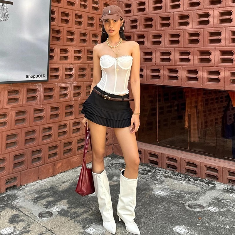Klalien Xương Cá Gấp Dây Áo Chắp Vá Nhìn Xuyên Qua Skinny Mùa Hè Lưng Hàng Ngày Đường Phố Gợi Cảm Đa Năng Ngọt Ngào Quần Áo
