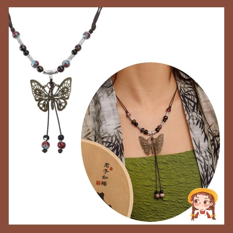 Li Vintage Sáp Dây Handmade Gốm Sứ Hạt Bướm Mặt Dây Chuyền Vòng Cổ Dành Cho Người Yêu Nữ Áo Len Dây Chuyền Thẩm Mỹ Trang Sức