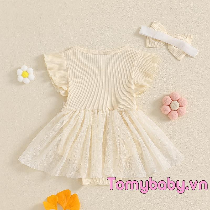Áo liền quần mùa hè cho bé gái có lưới ngắn tay cổ chữ O Miếng dán hoa Bộ áo liền quần dễ thương + Băng đô nơ