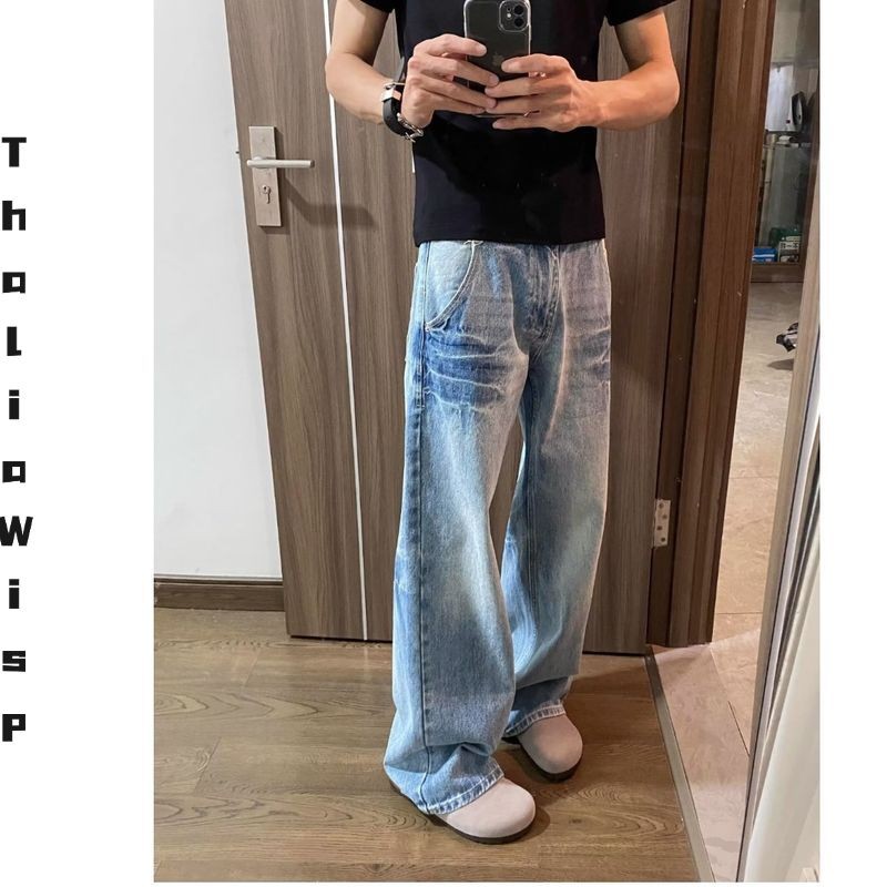ThaliaWisp Quần Jean Nam Mỹ Retro High Street Lightning Crack Thiết Kế Quần Dài