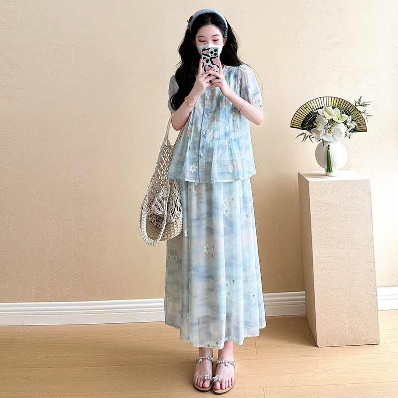 Bộ đồ bà bầu Mùa hè Áo sơ mi hoa phong cách mới + Váy Bộ đồ hai mảnh
