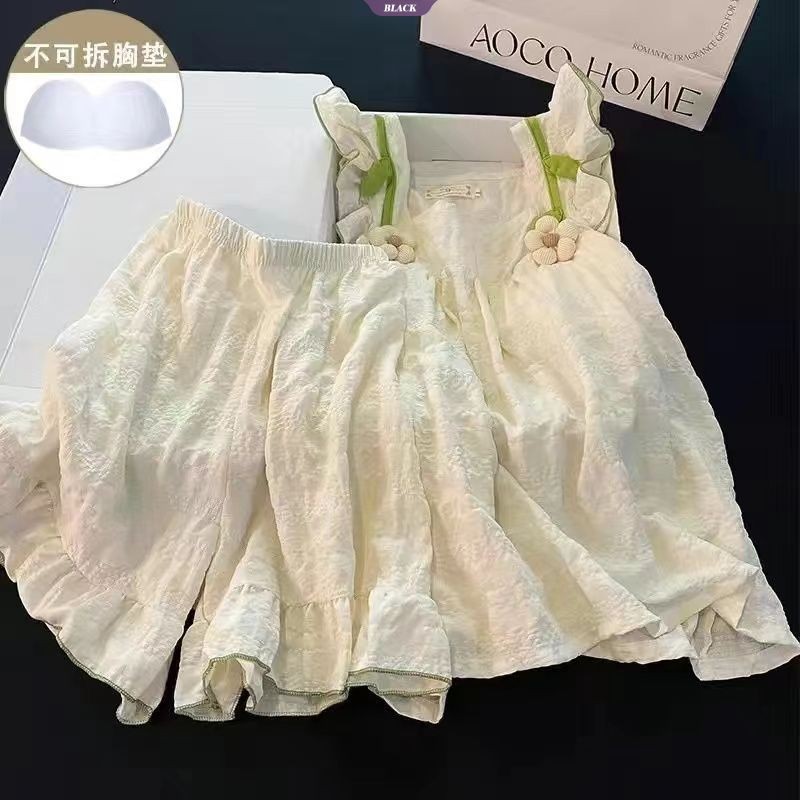 Mùa Hè Mới Với Đệm Bộ Đồ Ngủ Nữ Lập Thể Hoa Quần Short Không Tay Homewear Suit [BL]