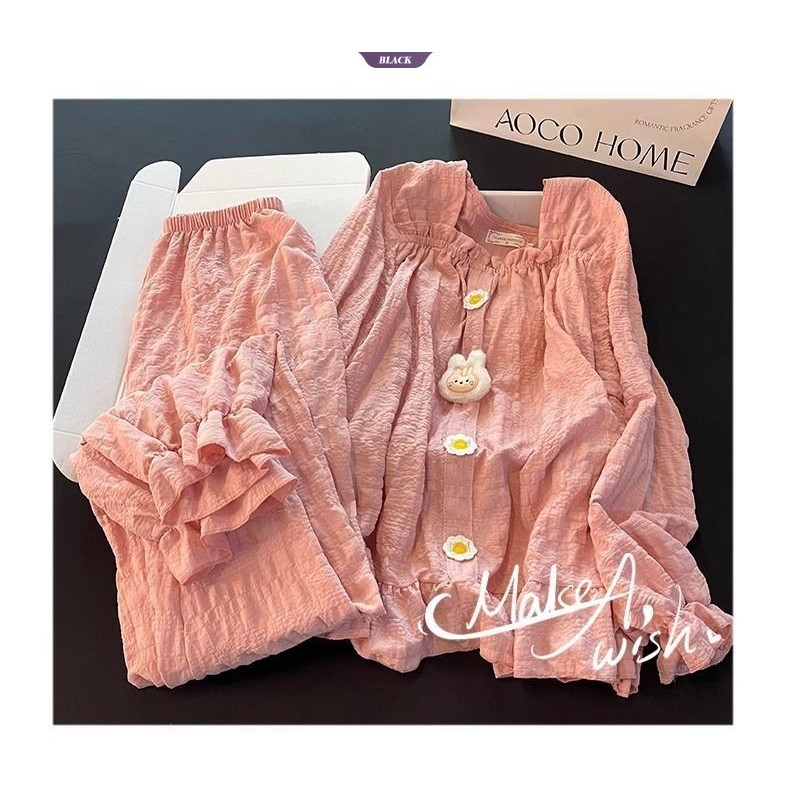 Xuân Thu Mới Bộ Đồ Ngủ Ren Ngọt Ngào Nữ Có Miếng Lót Áo Ngực Màu Hồng Dài Tay Rời Homewear Suit [BL]