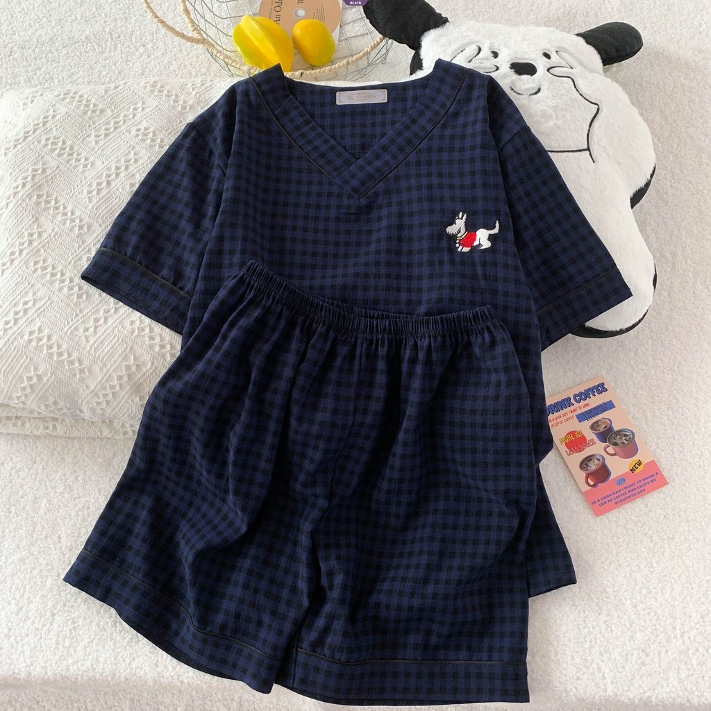 Bộ đồ ngủ cổ chữ V màu xanh đậm KT Cat Nữ mùa hè Phim hoạt hình ngọt ngào Quần Short ngắn tay Bộ đồ mặc nhà [BL]
