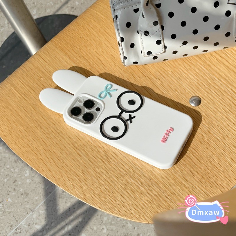 Ốp Silicon Thỏ 3D Dễ Thương Cho iPhone 16 Pro Max 15 14 Plus 13 12 Pro Max Bao Xoay Kính Tai Thỏ Hoạt Hình Vỏ Mềm Chống Sốc