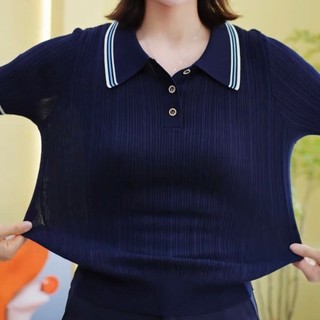 Mùa Hè 2025 Phong Cách Mới Tương Phản Màu Áo Polo Cổ Dệt Kim Ngắn Tay Áo Thun Nữ Thường Ngày Plus Size Top