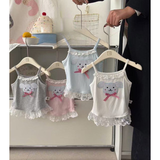 Áo camisole ren trang trí mùa hè cho bé gái, áo thun không tay thêu hoạt hình, áo có nơ dễ thương cho trẻ em