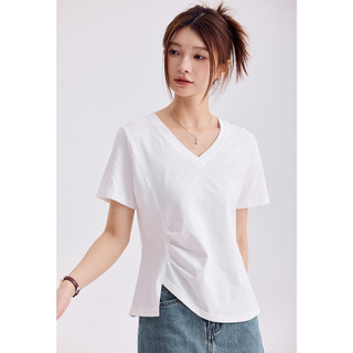 [MIZIQI] Áo thun ngắn tay cổ chữ V viền không đều mùa hè dành cho nữ, thiết kế xẻ bên hông dành cho nữ