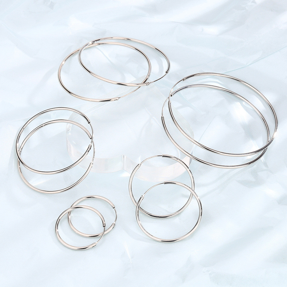 Bông tai hình tròn lớn đơn giản thời trang S925 Bạc Cổ điển Vòng tròn trơn Nữ